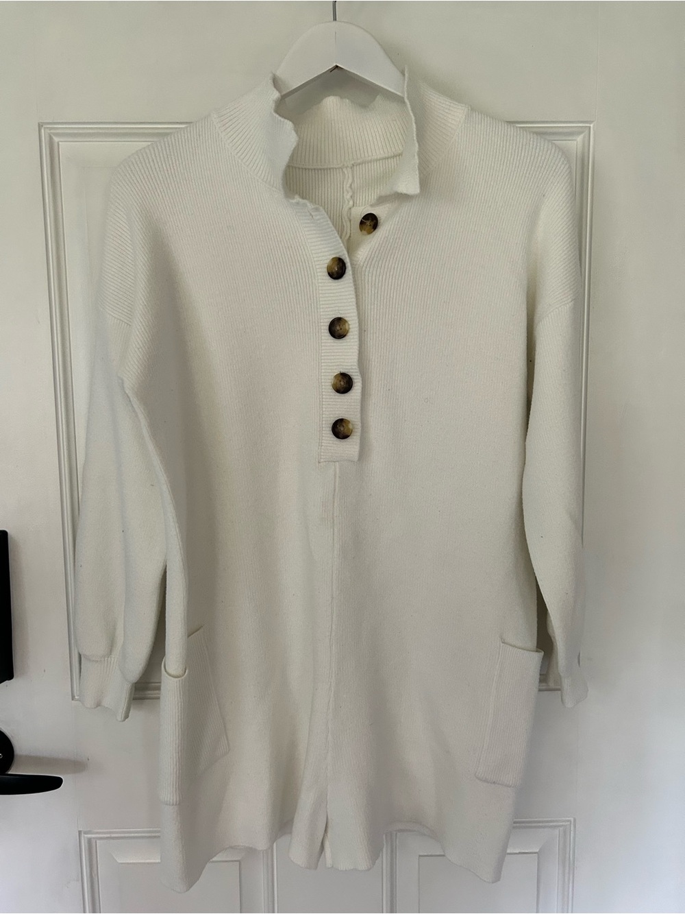 Cream Button-Front Knit Jumpsuit Romper